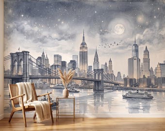 New York City Watercolor Wallpaper, Moonlit New York Skyline, New York Wall Mural, New York Architecture Decor 476DE