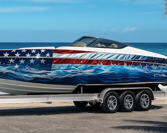 Vinilo patriótico para barco con bandera estadounidense: Kit de calcomanías de vinilo con estrellas y olas del océano para pesca y lanchas rápidas, vb066
