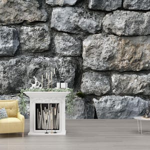 Rustic Stone Wall Mural Wallpaper – Realistic Textured Stone Block Backdrop for Living Room or Office Decor Vn586