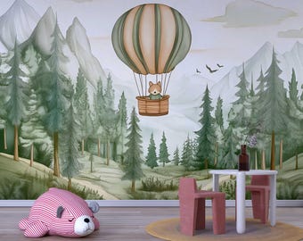 Wald Heißluftballon Wandbild – Waldtier Kinderzimmer Tapete – Szenische Kinderzimmer Dekoration Vn445