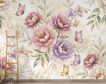 Elegant Watercolor Peony & Orchid Wallpaper | Luxury Blush Pink Botanical Wall Mural | Feminine Floral Wallpaper for Beauty Salon, Spa 448DE