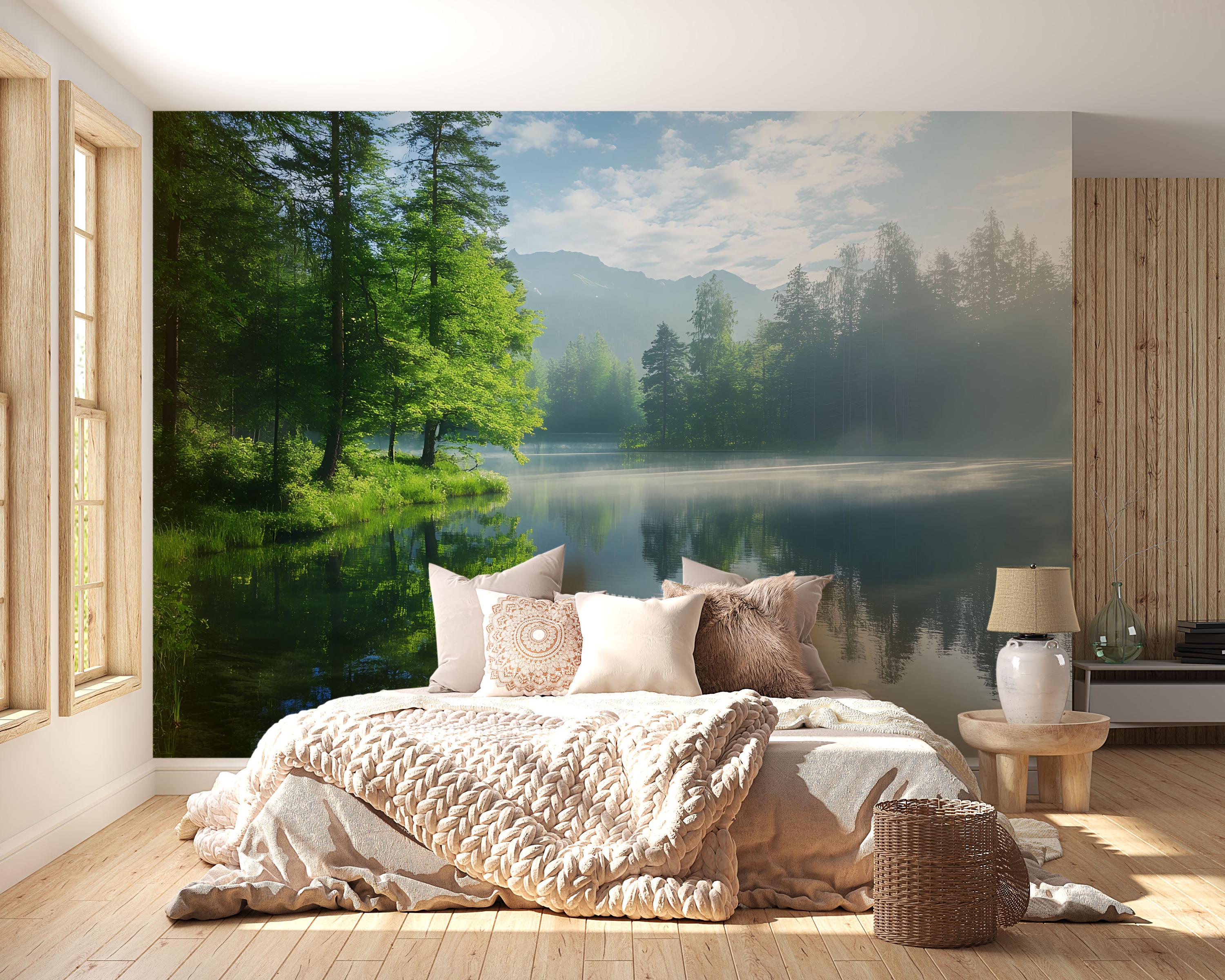 Lake Forest Wall Mural – Nature Scenic Wallpaper, Serene Mountain Lake ...