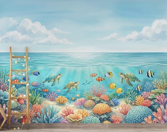Ocean Coral Reef Wallpaper Mural | Tropical Sea Turtle Wall Mural | Coastal Nursery Wallpaper | Underwater Ocean Decor 447DE