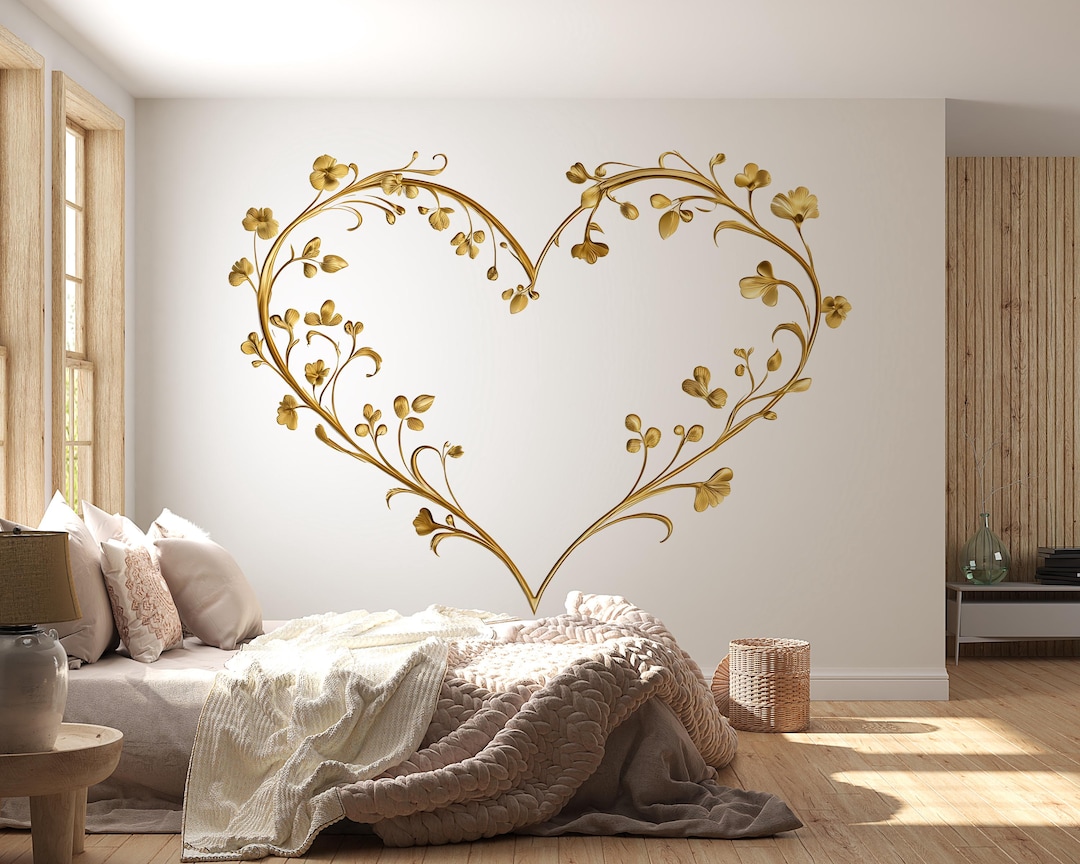 Gold Floral Heart Wall Decal – Romantic Bedroom Wall Art, Elegant Love ...