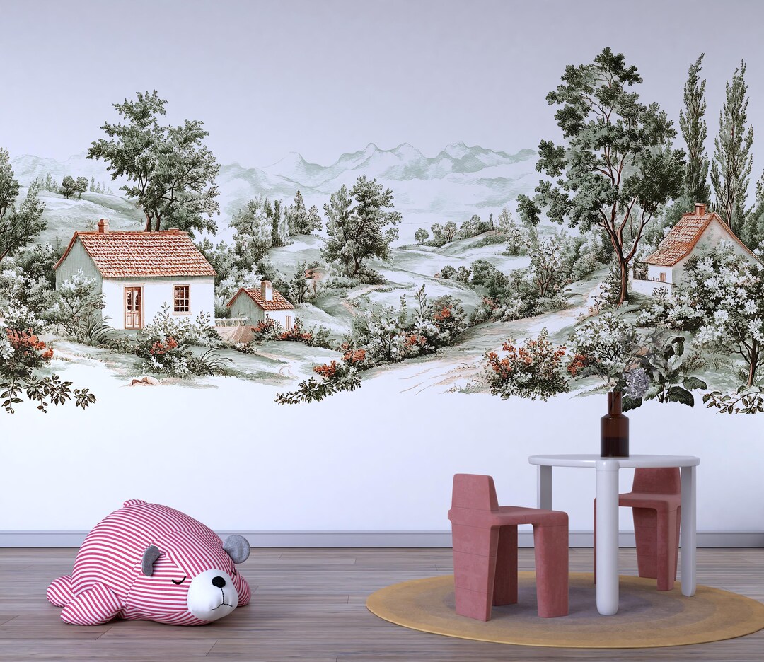 Cottage Landscape Wall Mural, Vintage Countryside Nursery Wall Art ...