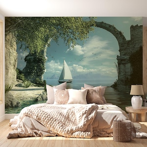Ocean View Wall Mural – Sailboat & Ancient Arch Scenic Wallpaper – Serene Bedroom Decor Vn565