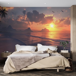 Sunset Ocean Wall Mural – Serene Coastal Bedroom Decor, Tropical Seascape Wallpaper, Ocean Sunset Mural Art Vn288