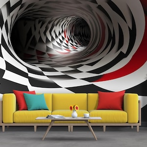 May include: A yellow sofa with red and teal pillows sits in front of a black, white, and red abstract wall mural. A white coffee table and a wooden cabinet with decor complete the room's design.