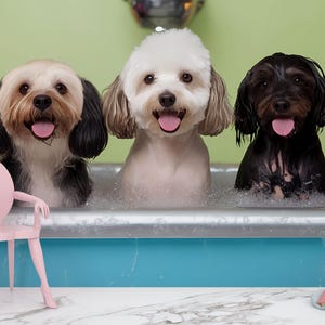 Dog Grooming Salon Wall Mural – Cute Bathing Dogs Wallpaper, Pet Spa Decor, Playful Veterinary Office Art Vn663