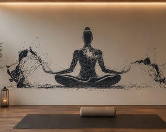 Meditation Wall Mural, Yoga Studio Wallpaper, Zen Spa Wall Art, Chakra Energy Decor, Black Ink Woman Silhouette Mural, 664mv