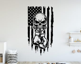 Skull Boxing Wall Decal, Boxing American Flag Kids Room Decor 458DE