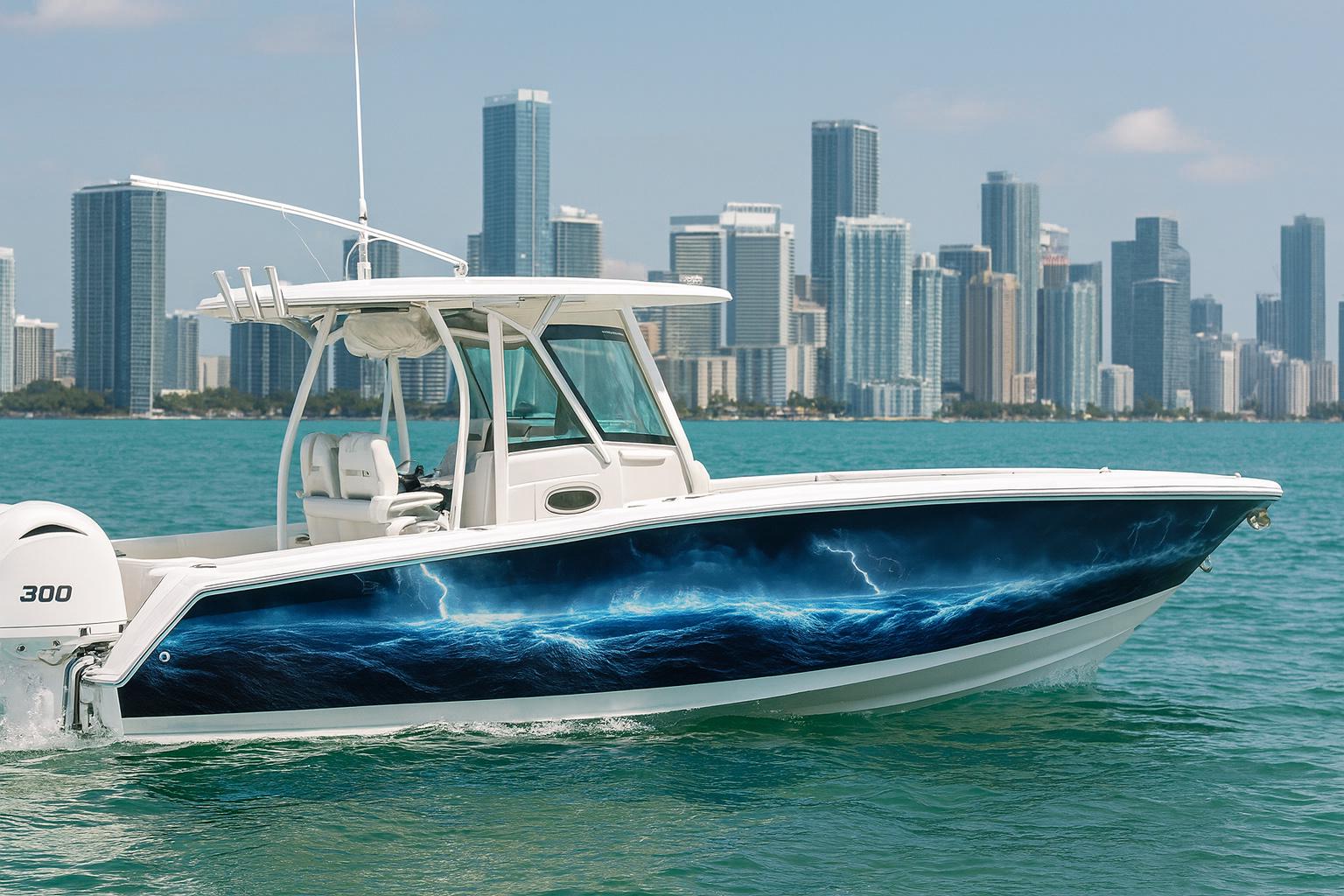 Electric Ocean Storm Boat Vinyl Decal Wrap – Blue Lightning Hull
