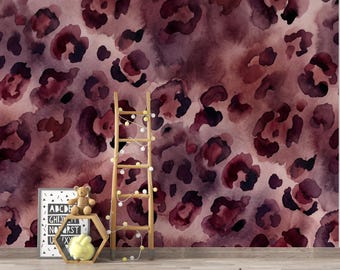 Watercolor Leopard Wallpaper, Mauve Burgundy Animal Wall Mural, Abstract Safari, Peel and Stick or Traditional Wallpaper 433DE
