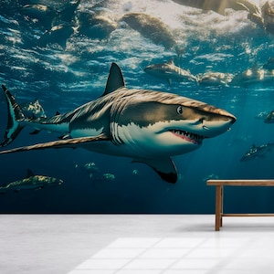 Shark Ocean Wall Mural | 3D Underwater Shark Wallpaper | Great White Shark Decor | Ocean Scene Wall Art | Sea Life Room Accent Vn388
