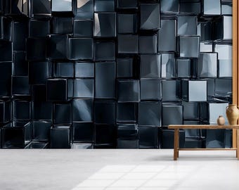 3D Black Geometric Wall Art | Modern Cube Pattern Wallpaper Mural Vn727