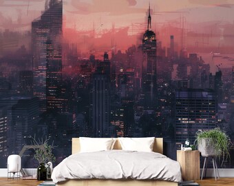 Fototapeta z pejzażem miejskim – Futurystyczna tapeta z panoramą miasta, miejska dekoracja ścienna z nocnym akcentem do sypialni, biura lub salonu Vn1068