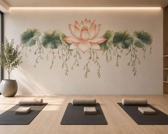 Lotus Flower Wall Mural, Yoga Studio Wallpaper, Zen Spa Decor, Meditation Room Wall Art, Botanical Wellness Mural, 660mv