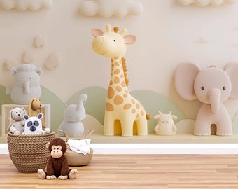 Soft Safari Nursery Wall Art | Giraffe Elephant Jungle Animals Decor | 3D Baby Room Mural | Gender Neutral Nursery Print Vn425
