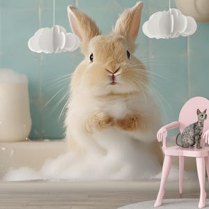 Cute Bunny Bath Wall Mural – Adorable Rabbit Bathroom Decor | Whimsical Animal Print for Nursery, Spa, or Kids&#39; Room Vn681