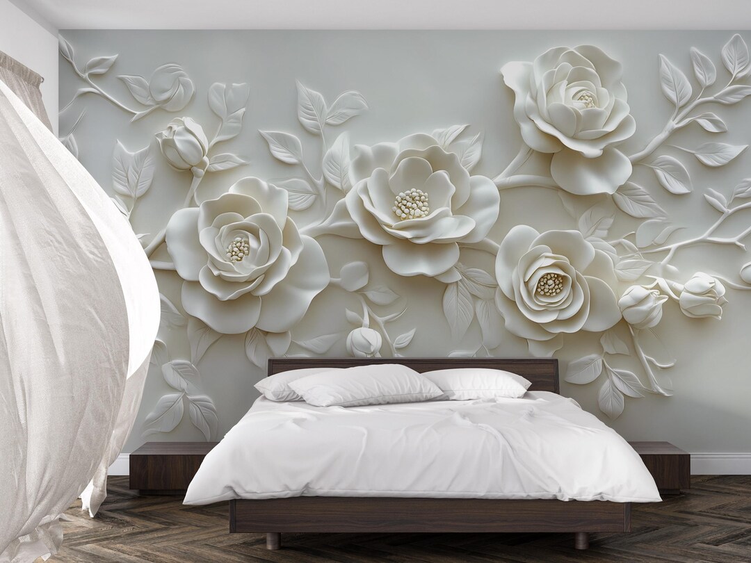 3D Floral Wall Mural for Bedroom – Elegant White Rose Wallpaper ...
