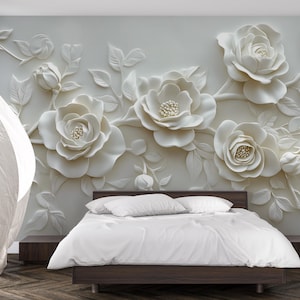 3D Floral Wall Mural for Bedroom – Elegant White Rose Wallpaper – Luxury Textured Flower Wall Art – Romantic Botanical Wall Decor Vn473