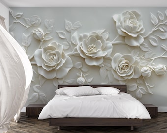 3D Floral Wall Mural for Bedroom – Elegant White Rose Wallpaper – Luxury Textured Flower Wall Art – Romantic Botanical Wall Decor Vn473