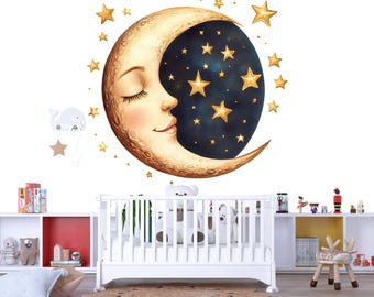 Moon and Stars Nursery Wall Decal – Gold Celestial Baby Room Wall Art 033mv