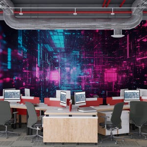 Futuristic Office Wall Mural – Cyberpunk Cityscape Digital Art Wallpaper Vn198
