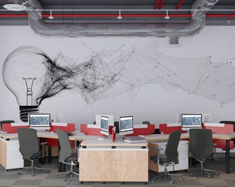Light Bulb Office Mural, Innovation Wallpaper, Network Wall Art, Modern Workspace Decor, Startup Idea Wall Mural, 666mv