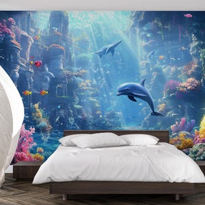 Underwater Ocean Wall Mural, 3D Dolphin Coral Reef Wallpaper, Kids Room Sea Decor Vn254