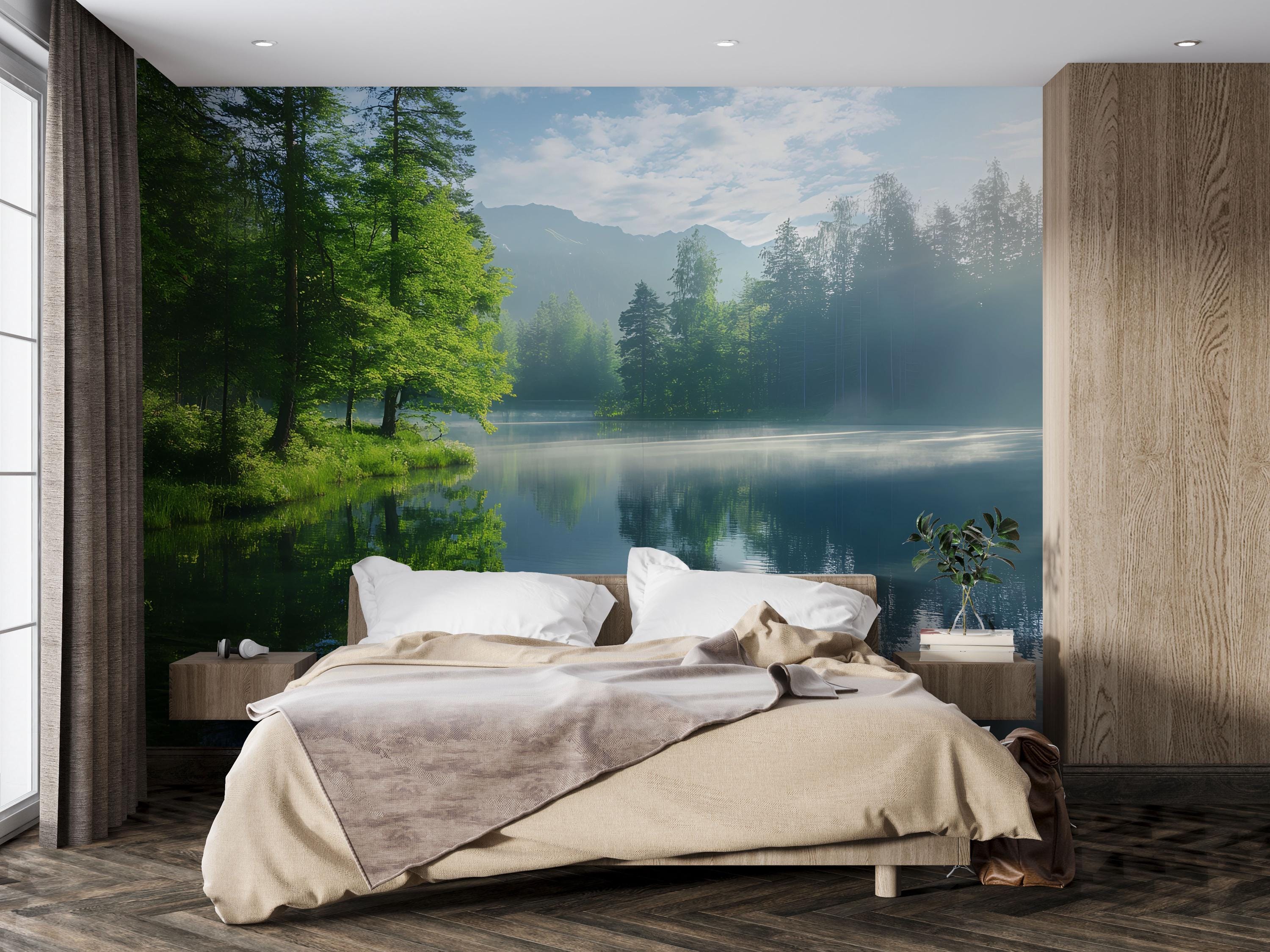 Lake Forest Wall Mural – Nature Scenic Wallpaper, Serene Mountain Lake ...