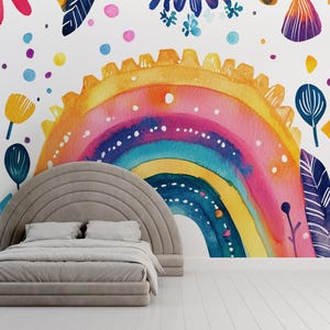 Carta da parati murale arcobaleno colorato per la camera dei bambini - Grande decorazione murale in stile boho acquerello per cameretta, sala giochi o cameretta per adolescenti Vn392