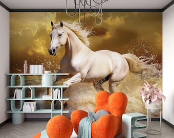 White Stallion Wall Mural – Realistic Galloping Horse in Ocean Waves Wallpaper Vn778