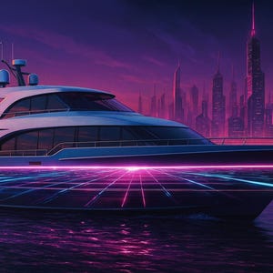 May include: A futuristic yacht illustration with a neon grid pattern on the hull, sailing on water. The yacht is white and dark blue, with a cityscape in the background under a purple and pink sky. The image evokes a sense of luxury and technology.