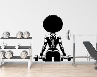 Afro Girl Gym Decalcomania da muro Power fitness Squat Decor Allenamento Arte Vinile Palestra Wall Stickers Camera da letto Palestra Allenamento Ragazza Motivazione Cross-fit 065DE
