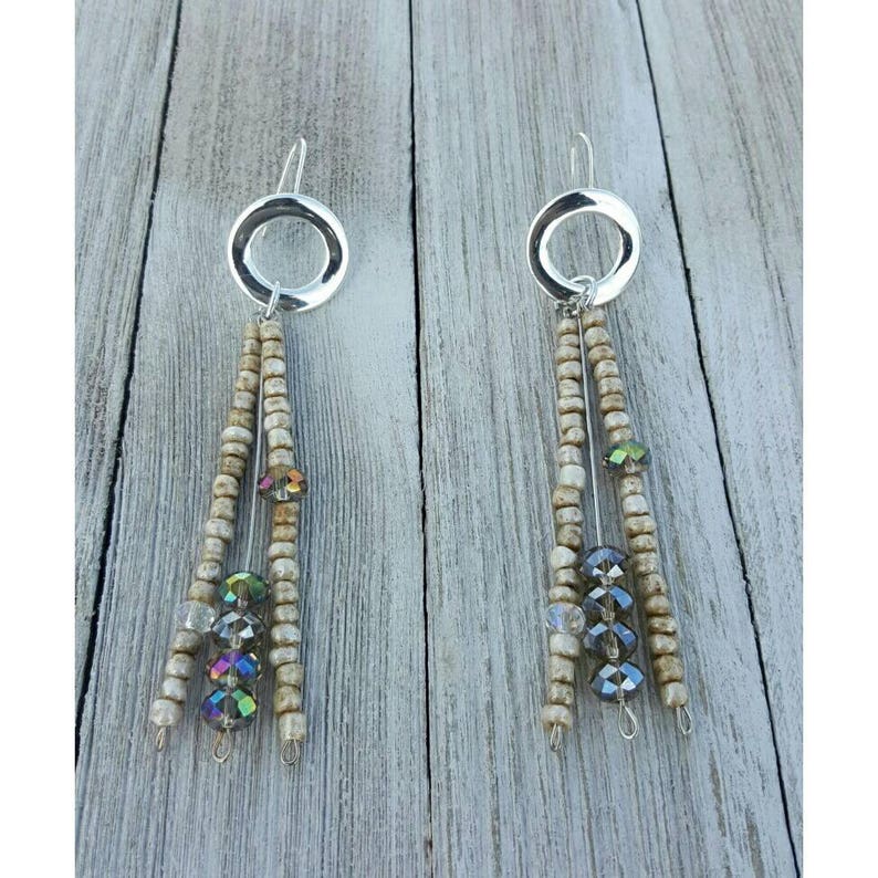 Crystal Hook Earrings, Sliver Beige Earrings, Beaded Earrings, Tribal Jewelry, Unique Earrings image 2