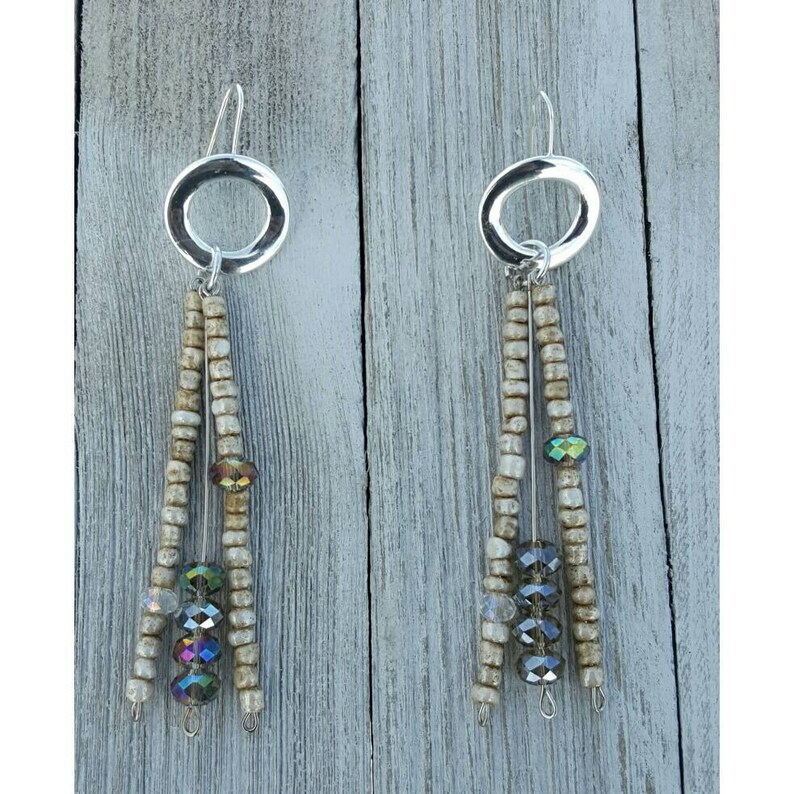 Crystal Hook Earrings, Sliver Beige Earrings, Beaded Earrings, Tribal Jewelry, Unique Earrings image 3