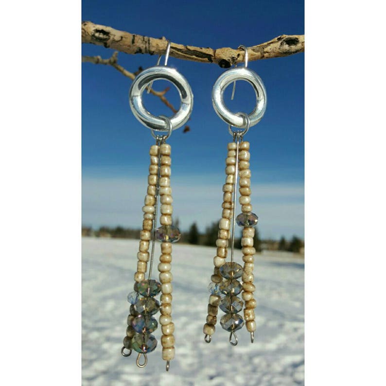 Crystal Hook Earrings, Sliver Beige Earrings, Beaded Earrings, Tribal Jewelry, Unique Earrings image 1