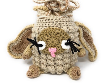 Rabbit Crochet Drawstring Boho Macchiato Lollapalooza Bag School Bag Unique gift for Student Teacher Easter Bunny Gift Bag