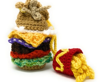 Burger and Fries drawstring crochet pouch bag handmade