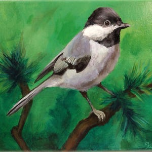 Puede incluir: Una pintura al óleo sobre lienzo que representa un carbonero cabecinegro posado en una rama de árbol marrón. El ave tiene una gorra y garganta negras, mejillas blancas y alas grises. El fondo es verde vibrante con agujas de pino.
