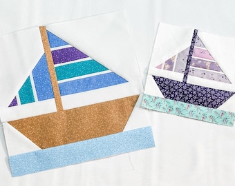Sailboat Quilt Block Pattern, Foundation Paper Piecing FPP Download PDF Nautical Quilt Design, Baby Boat Patchwork