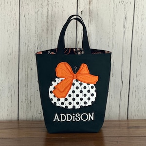 Personalized Kids Halloween Bag, Trick or Treat Bag, Applique Pumpkin Bag, Customized Embroidered Bag, Candy Bag, Glow in the Dark Name image 1