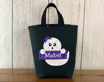 Personalized Kids Halloween Bag, Trick or Treat Bag, Girl Ghost Bag, Customized Embroidered Bag, Candy Bag, Glow in the Dark Name, Purple