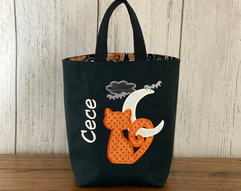 Personalized Kids Halloween Bag, Trick or Treat Bag, Appliqued Cat Bag, Customized Embroidered Bag, Candy Bag, Glow in the Dark Name