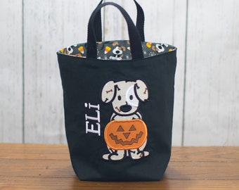 Personalized Kids Halloween Bag, Trick or Treat Bag, Applique Dog Bag, Customized Embroidered Bag, Candy Bag, Glow in the Dark Name