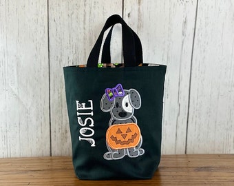 Personalized Kids Halloween Bag, Trick or Treat Bag, Applique Dog Bag, Customized Embroidered Bag, Candy Bag, Glow in the Dark Name
