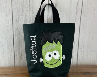 Personalized Kids Halloween Bag, Trick or Treat Bag, Frankenstein Bag, Customized Embroidered Bag, Candy Bag, Glow in the Dark Name