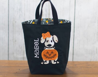 Personalized Kids Halloween Bag, Trick or Treat Bag, Applique Dog Bag, Customized Embroidered Bag, Candy Bag, Glow in the Dark Name