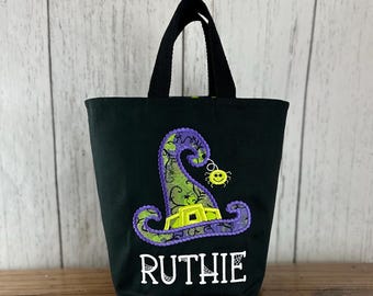 Personalized Kids Halloween Bag, Trick or Treat Bag, Appliqued Witch Hat Bag, Customized Embroidered Bag, Candy Bag, Glow in the Dark Name